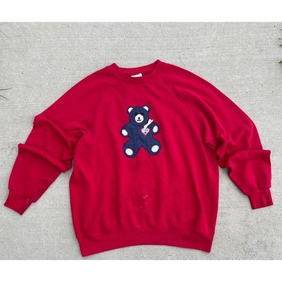 Vintage Bassett-Walker Red Teddy Bear Applique Sweatshirt Large 90s Polka Dot