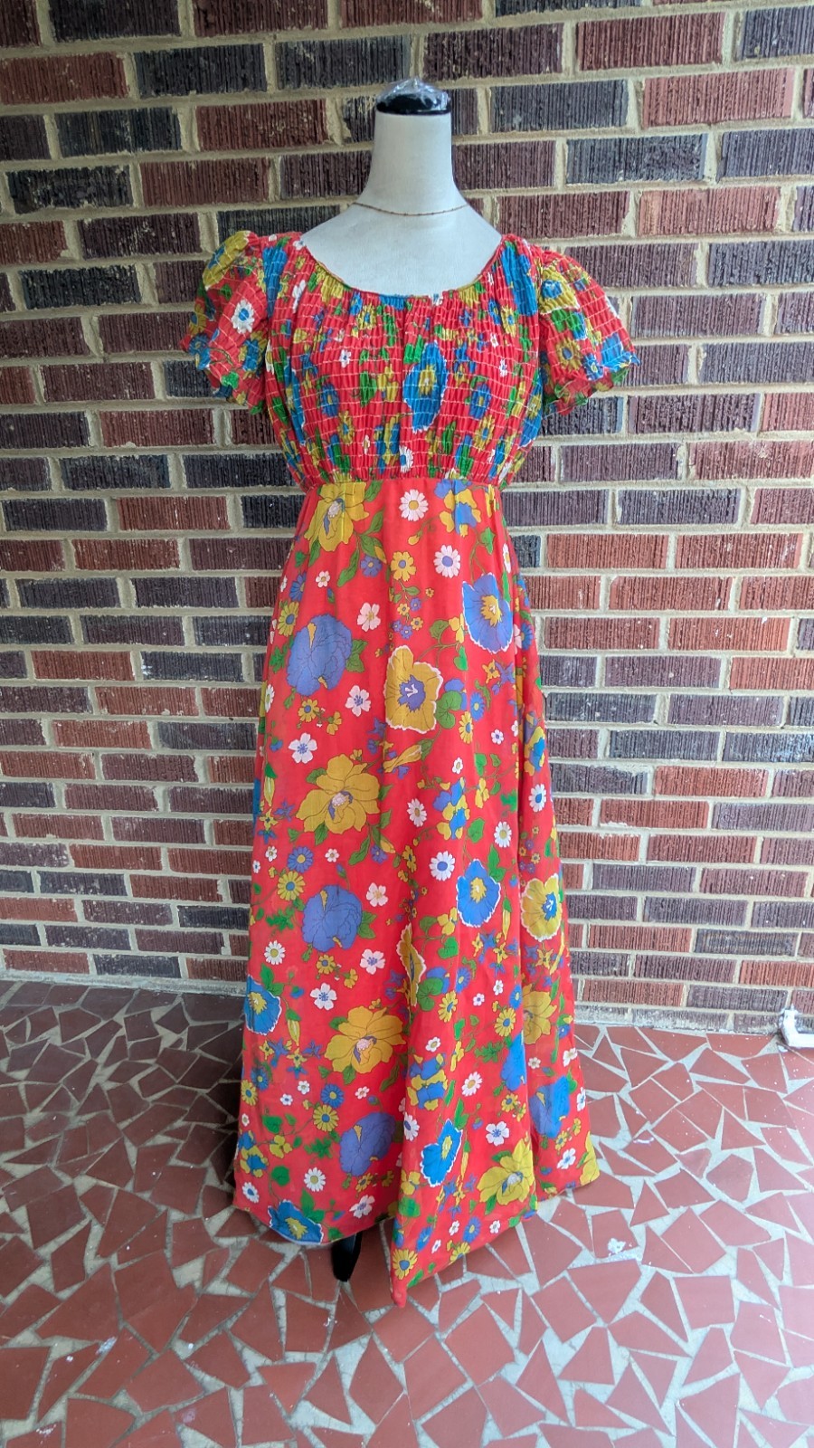 VTG 1970s Red Floral Smocked Maxi Dress- Union Made Prairie Boho Sz 10 (AS-IS)