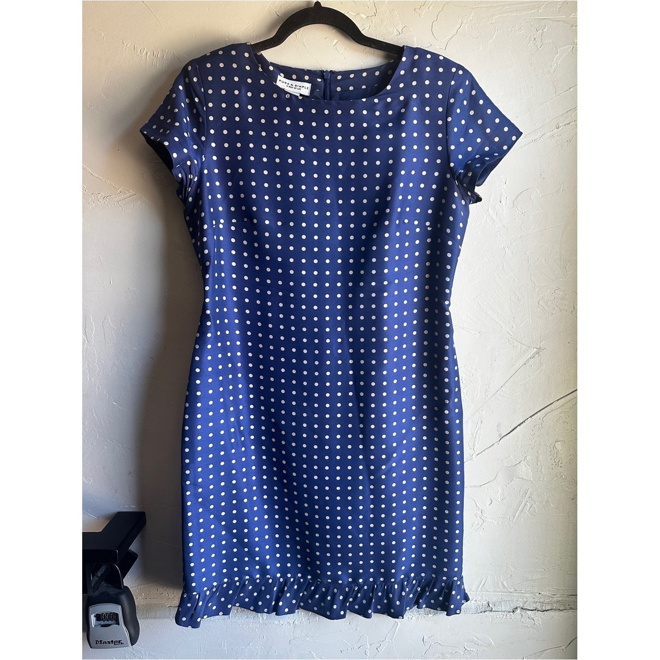 Pure & Simple 100% Silk Blue Polka Dot Dress Retro Parisian Chic Ruffle Hem Sz 8