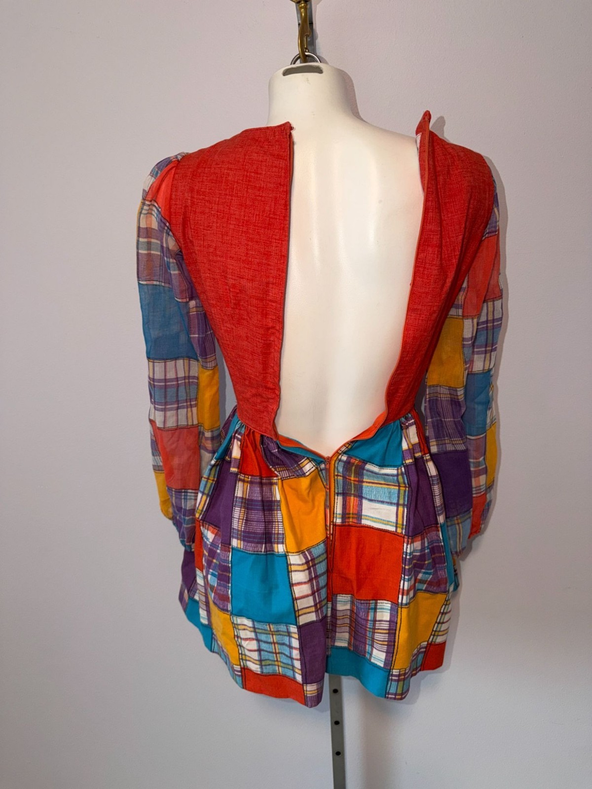 Vintage 70s Patchwork Plaid Micro Mini Dress Faux Vest Red Babydoll XXS/XS