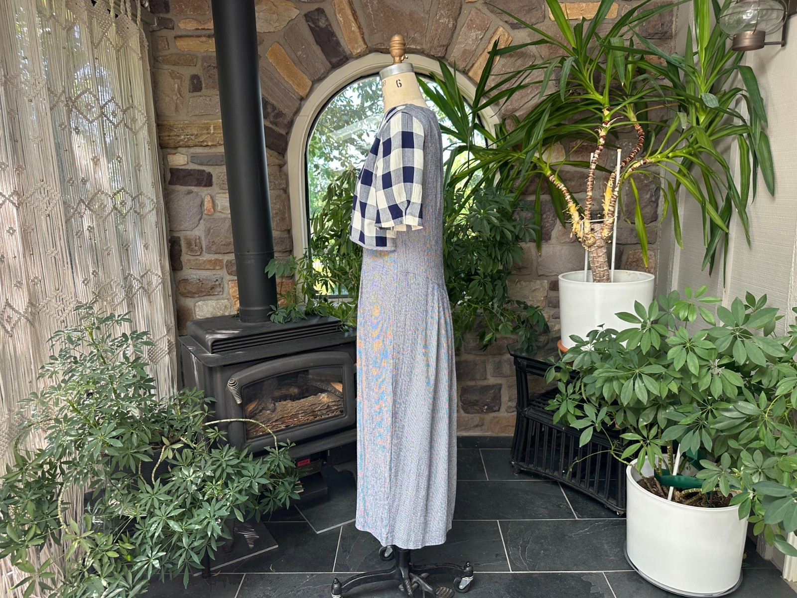 Vintage 1990s Blue and White Check Midi Dress TR Bentley