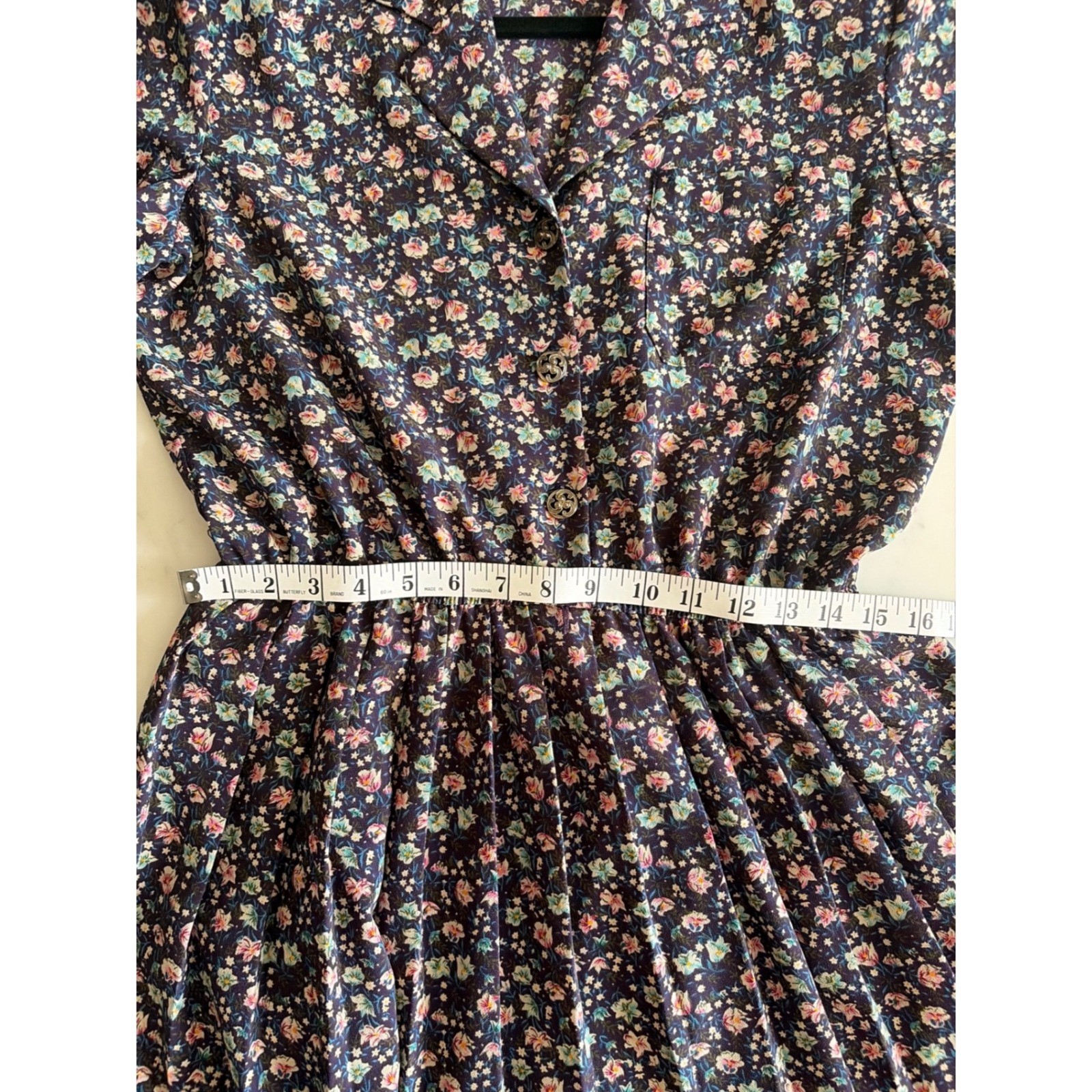 Leslie Fay Vintage Floral Midi Dress Purple Pink Short Sleeve Elastic Waist