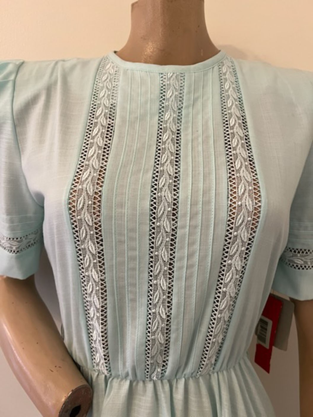 NWT Vintage 80s Leslie Fay Mint Green Puff Sleeve Crochet Secretary Dress XS/S