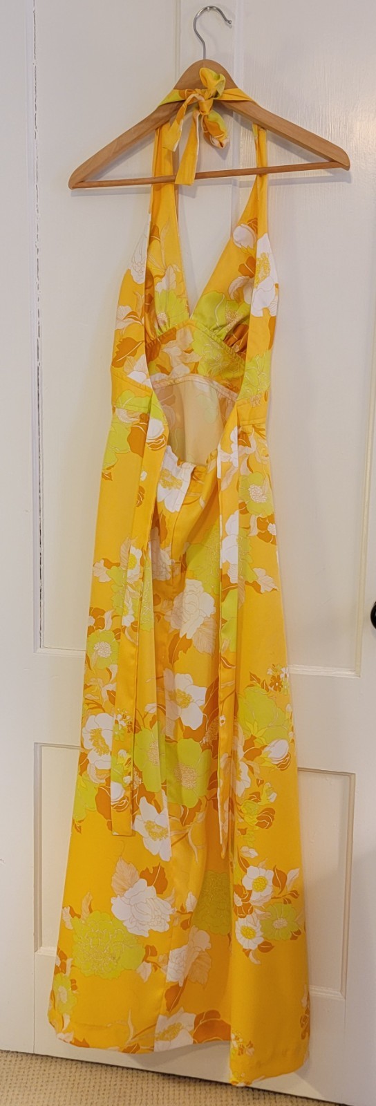 70s Vintage Sunny Yellow Summer Halter Dress With Open Back Ties & Zipper 🌼