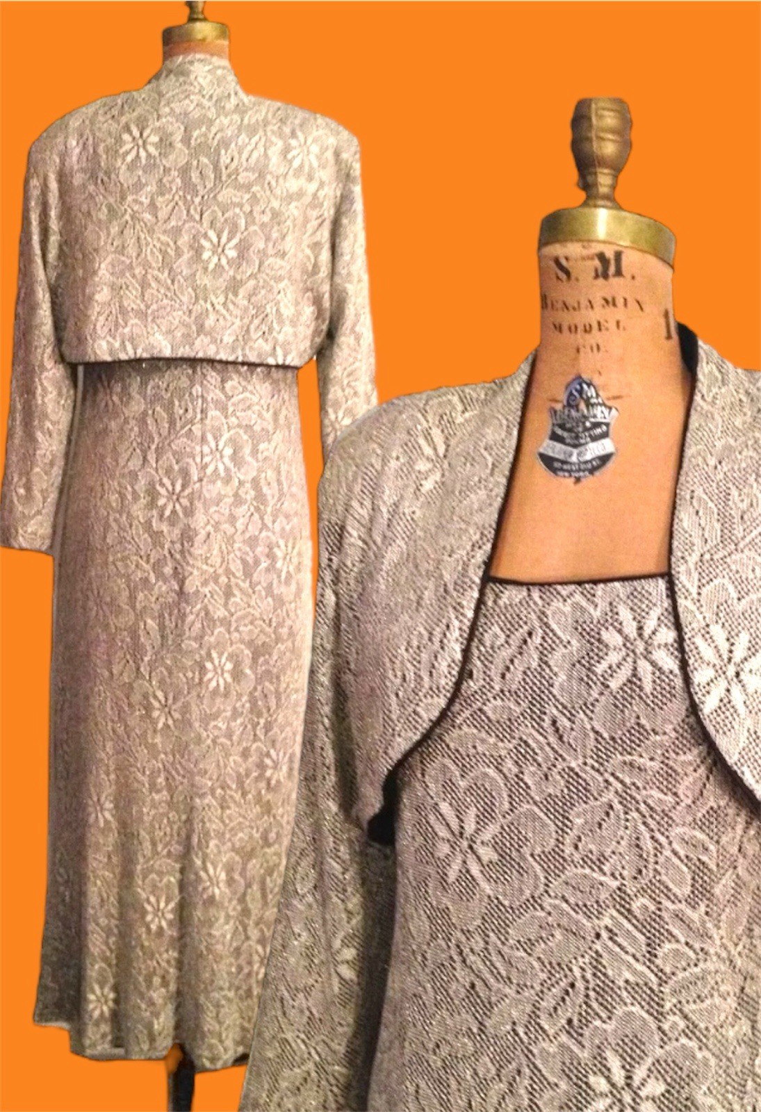 Vtg. 1950s Metallic Lace Evening Gown / Long Sheath / Cocktail Dress and Bolero