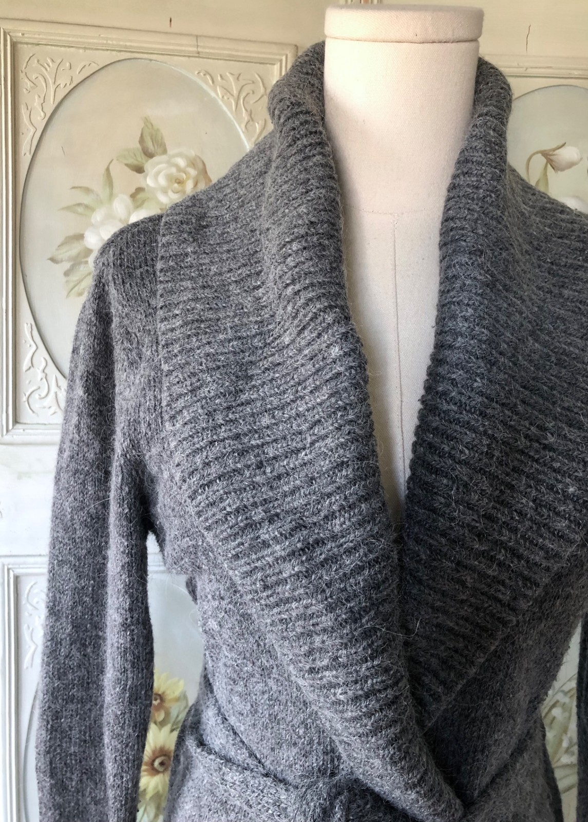VTG 90s CITY DKNY DARK GRAY SHAWL COLLAR CARDIGAN SWEATER THICK WOOL KNIT S EUC