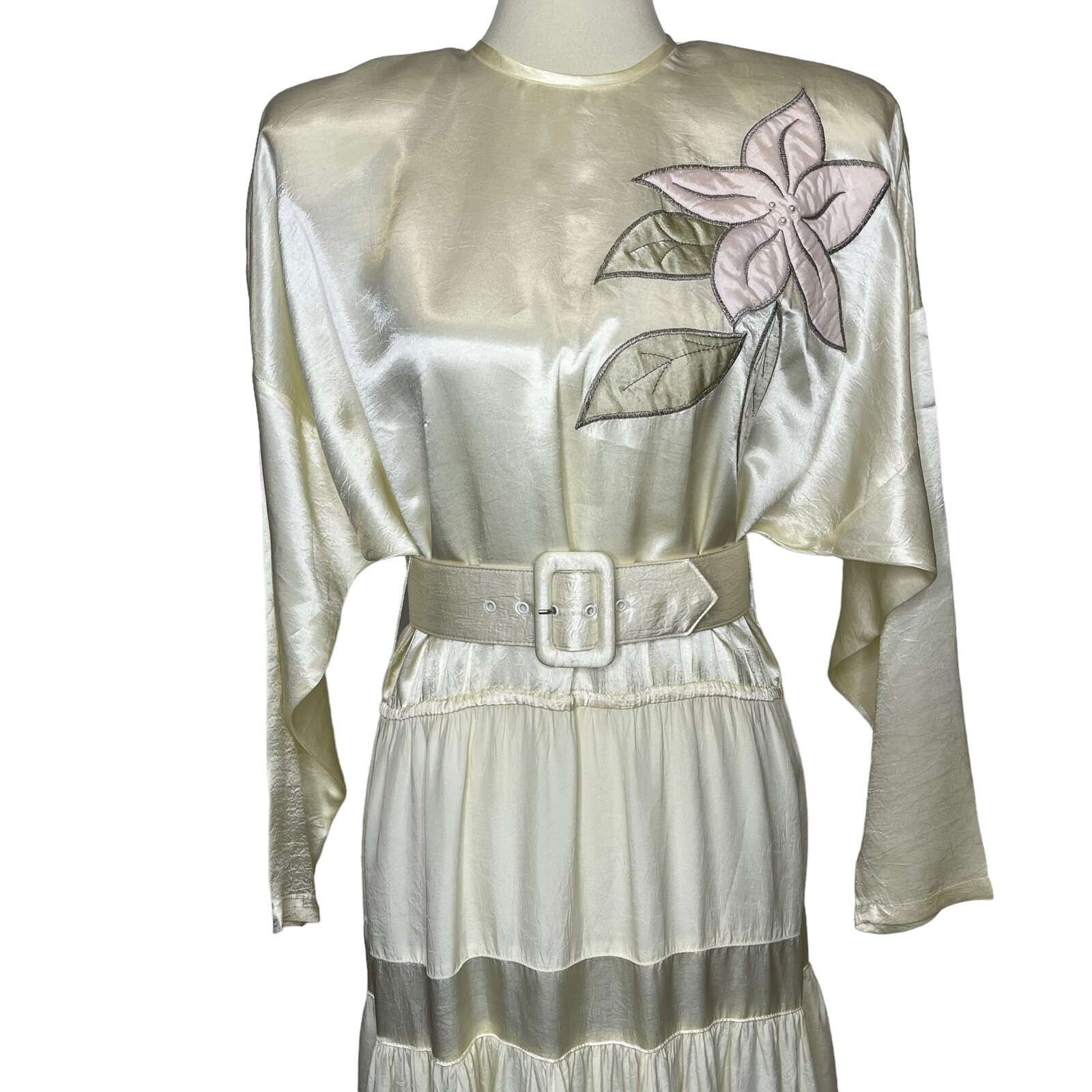 Vintage Choon California Ivory Satin Tiered Maxi Long Dress Belted USA Size 8?