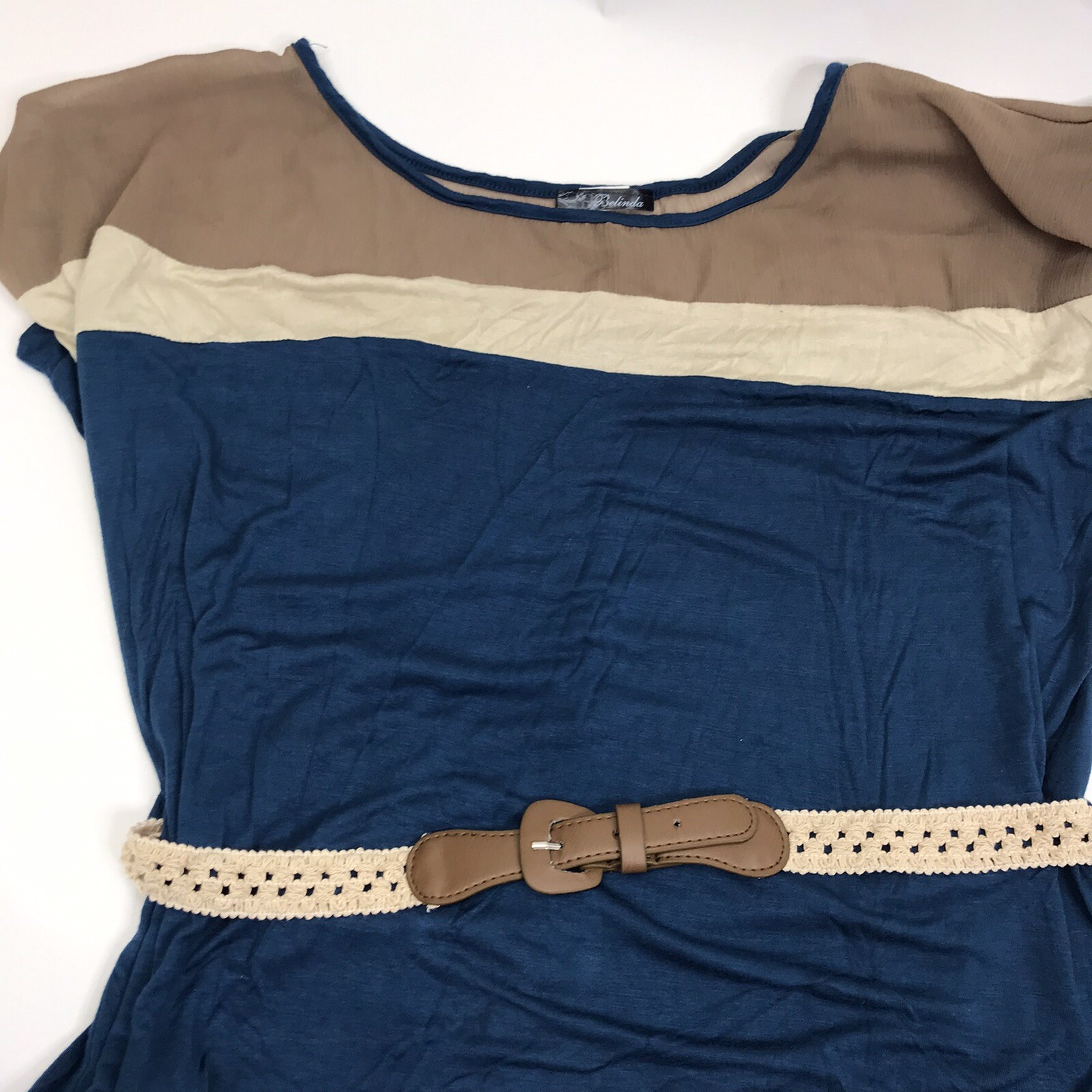 Vintage Top Belted Color Block popover Polyester Blouse L/XL Belinda 80s 90s