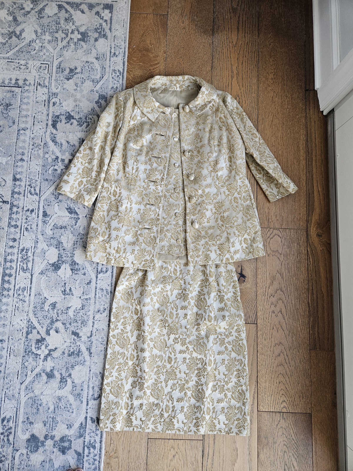 Vintage ILGWU Brocade Floral Jacket Top & Skirt Suit Beige Gold 1960s