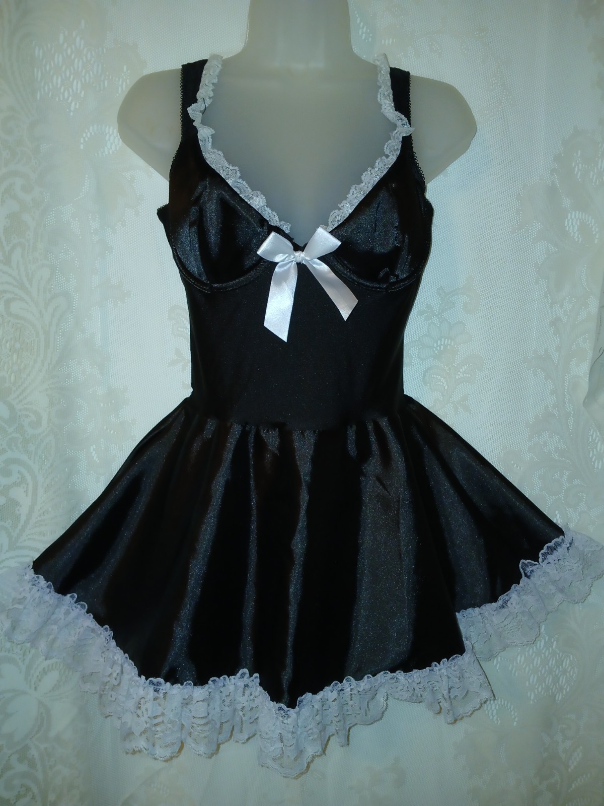 Vintage Fredericks Of Hollywood French Maid Black Satin Ruffle Lace Costume M