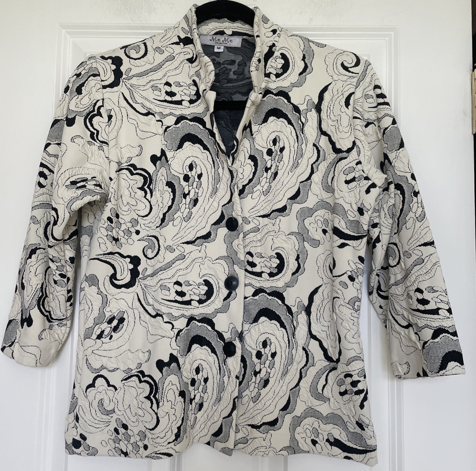 Vtg Me Me Black Jacquard Paisley Set Size M 3/4 Sleeve Jacket Sleeveless Top