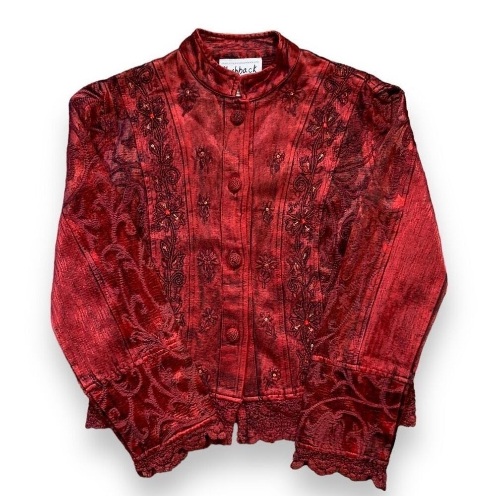 Vintage Flashback Jacket Metallic Cherry Red Floral Detail Lace Embroidery