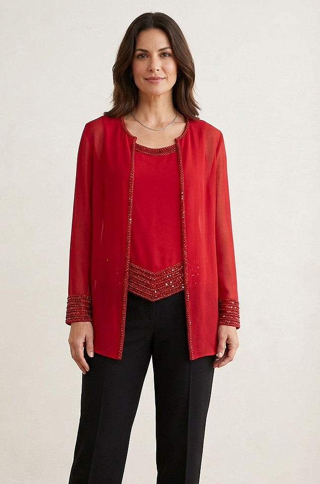 JKARA New York 8 M Cardigan Topper Jacket Tank Top Red Sheer Beaded Vtg 90s Retr