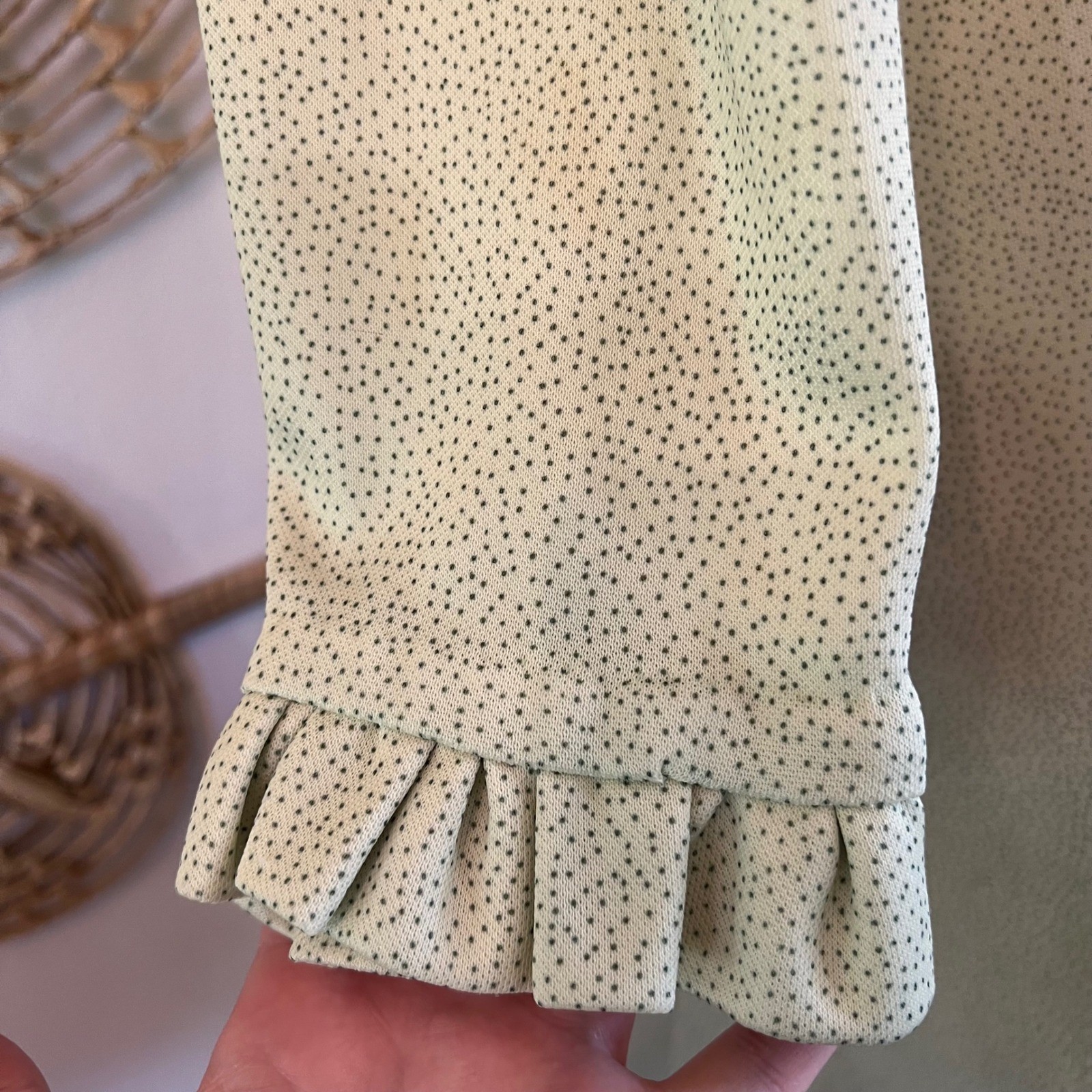 Vintage 70s Handmade Microdot Sage Green Ruffle Empire Midi Dress Cottagecore L