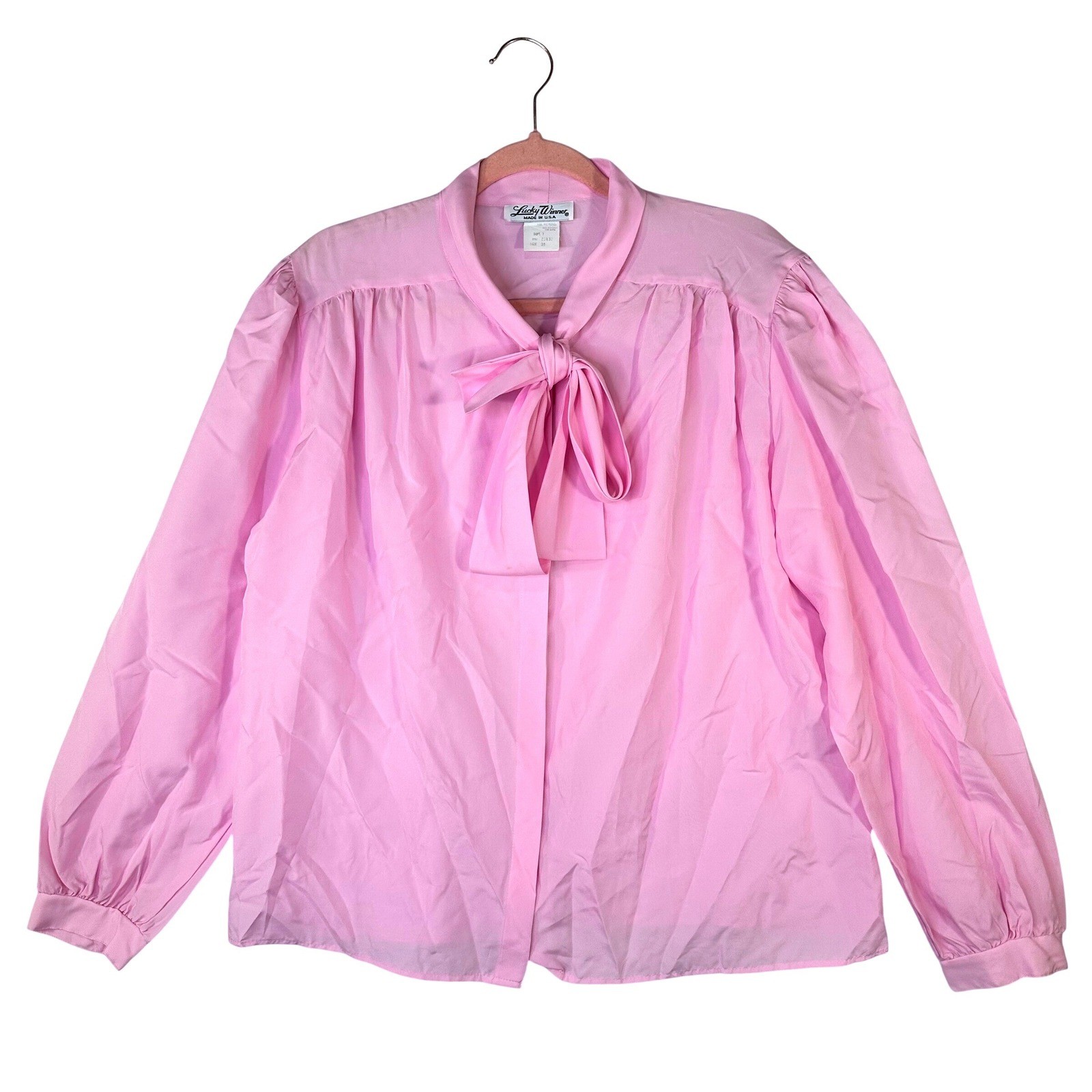 Vintage Lucky Winner Pink Tie Neck Blouse Long Sleeve Secretary Top Size 38 USA