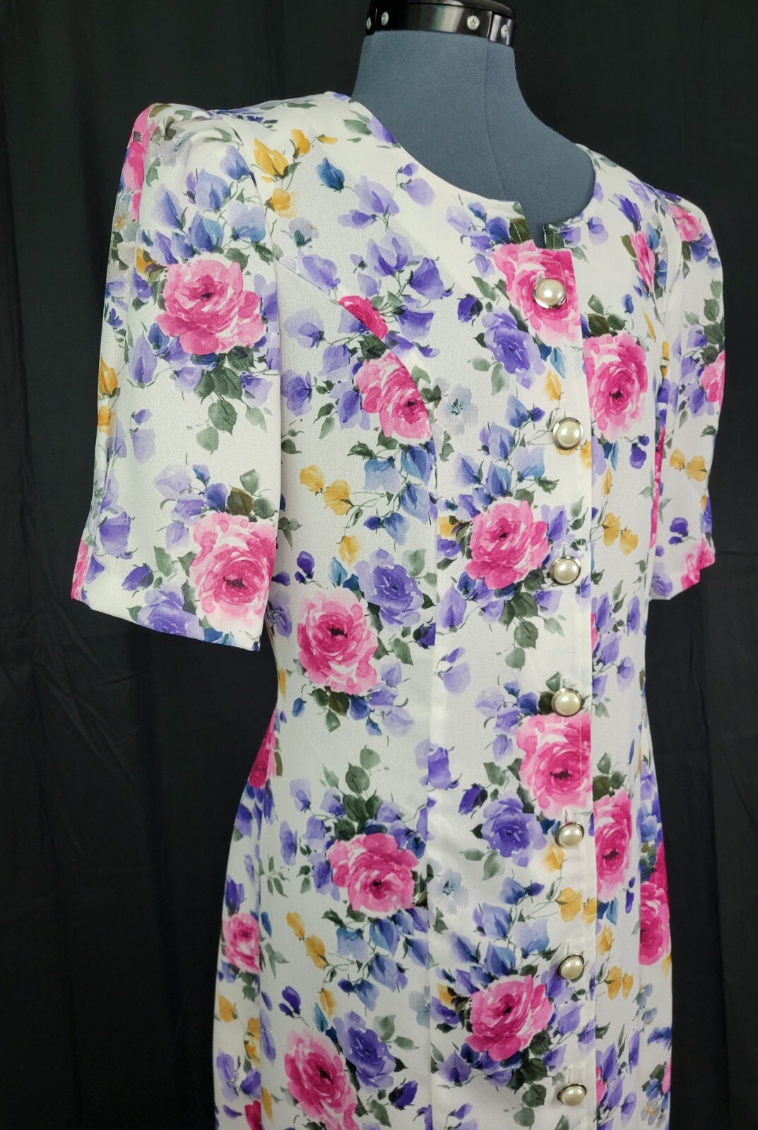 Vtg Caroline Wells White Floral Princess Seamed Shift Dress w Buttons Size 14