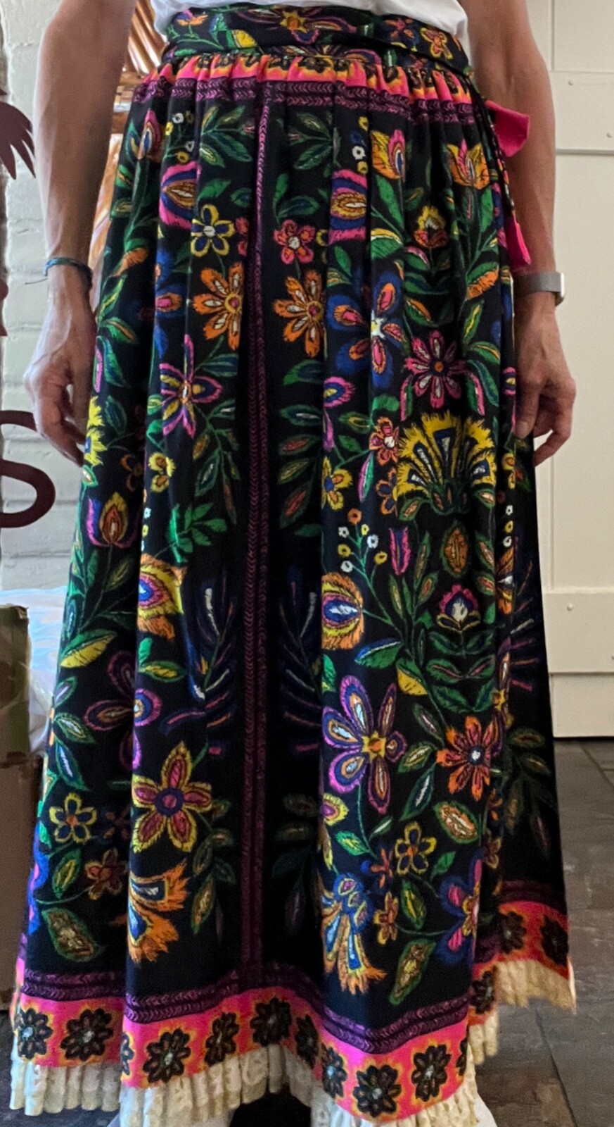 Vintage c. 1970 I. Magnin Floral Ethnic Neon Colors on Black Long Wrap Skirt