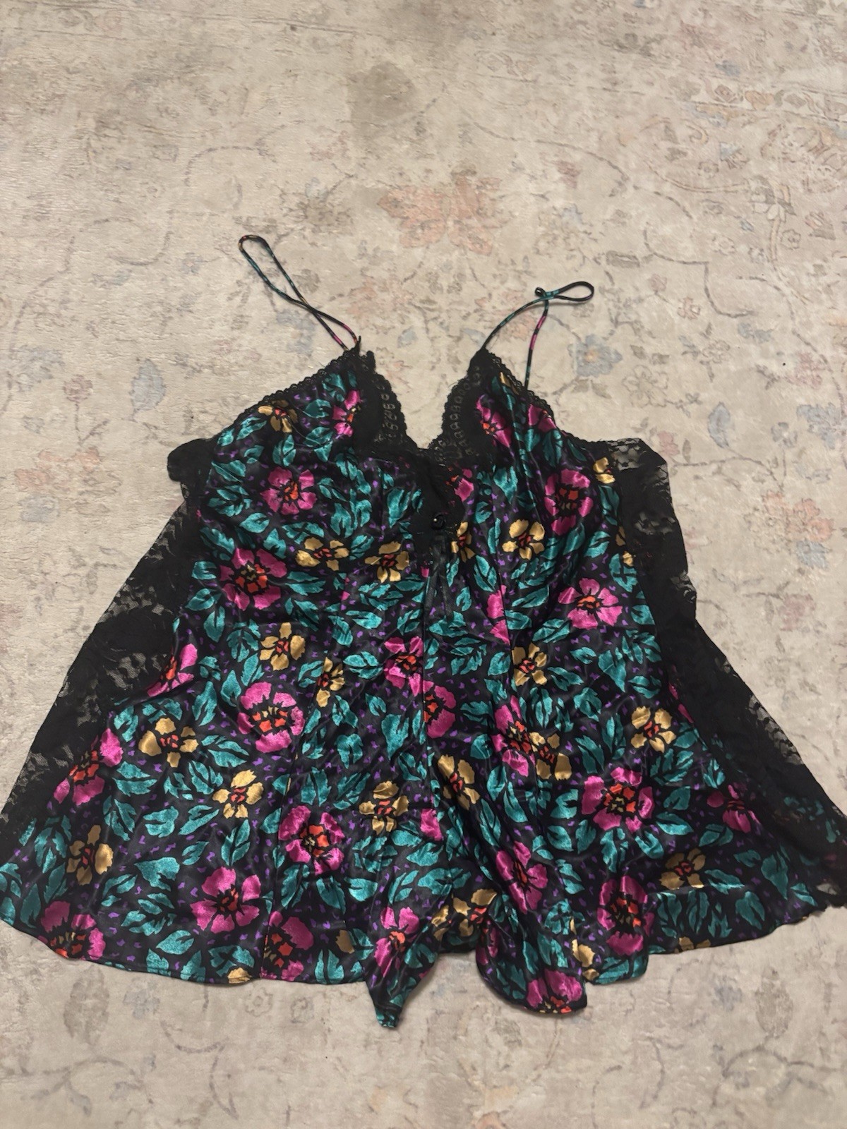 Vintage FEATHER BED INTIMATES Satin Floral Print Lingerie Teddy Romper LARGE EUC