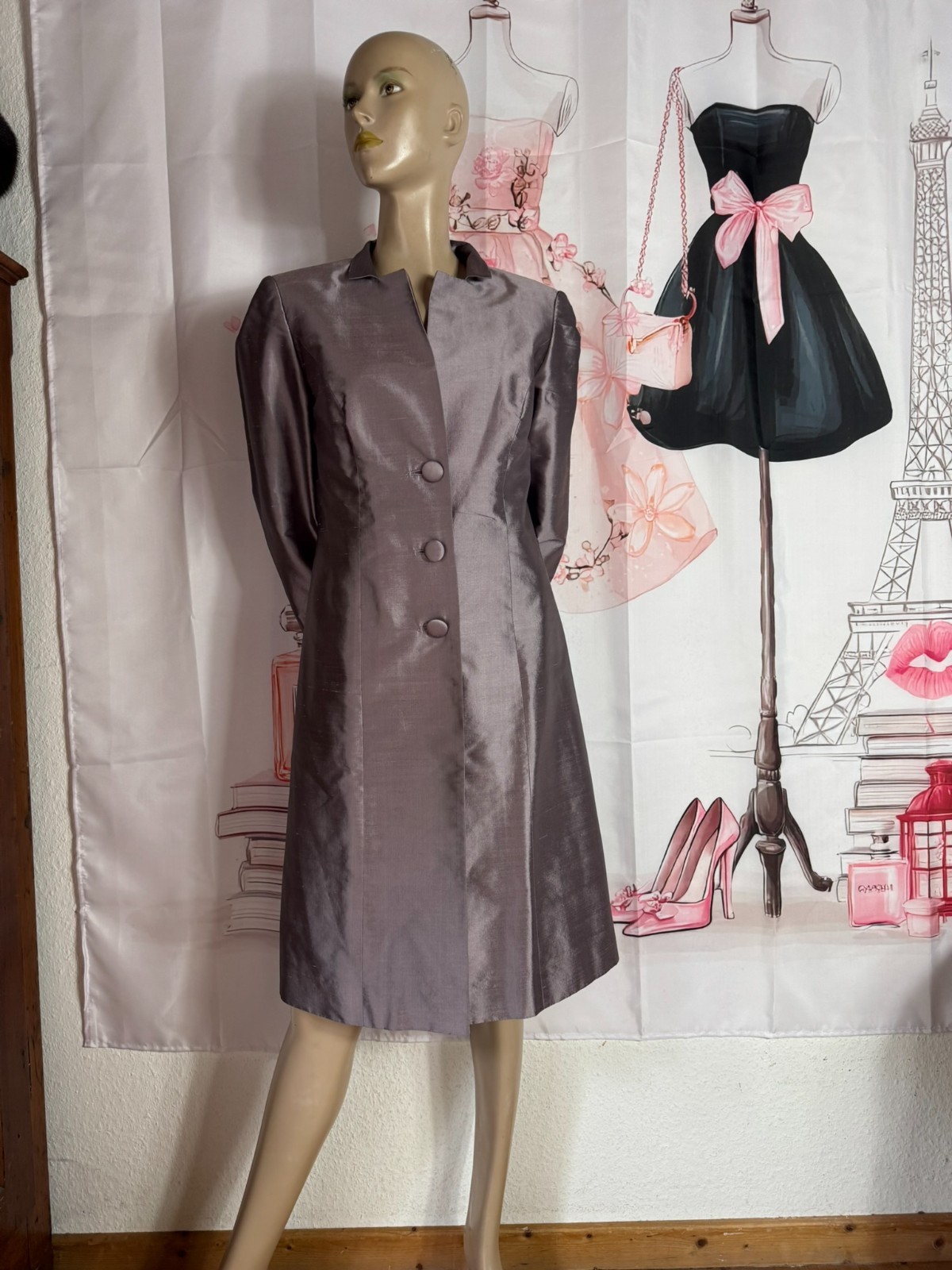 Mariposa silk ensemble dupion silk taupe silver dress frock coat size 38