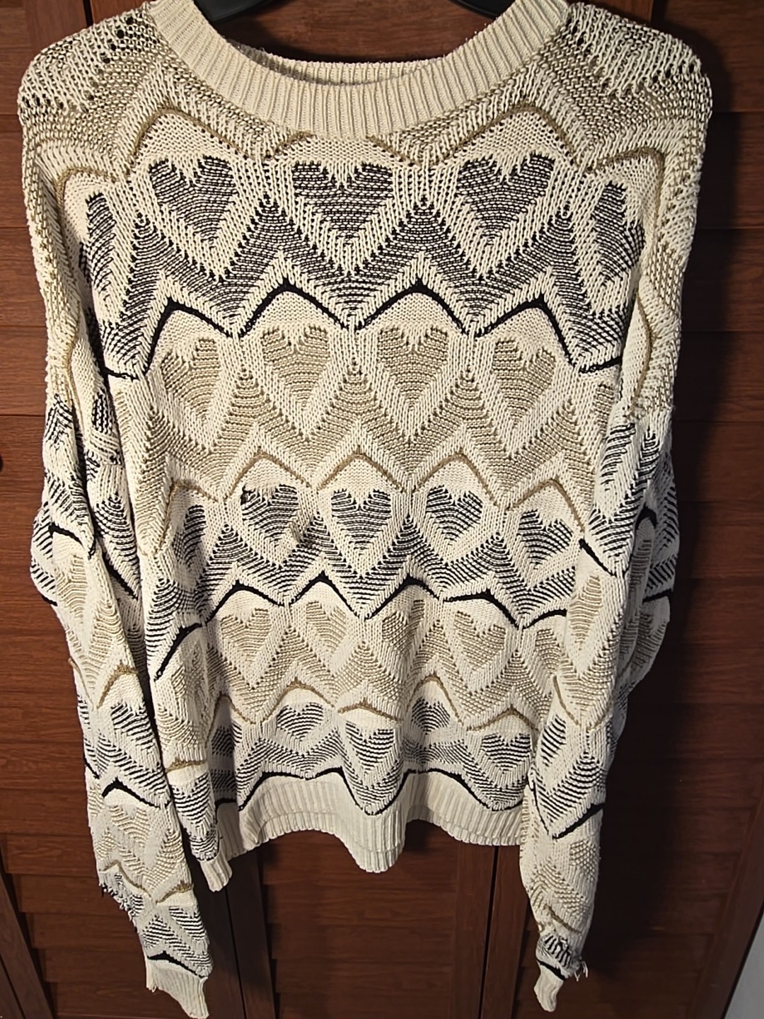 Vintage 80s Heart Knit Sweater Size XL Cream Gold & Black Distressed Pullover
