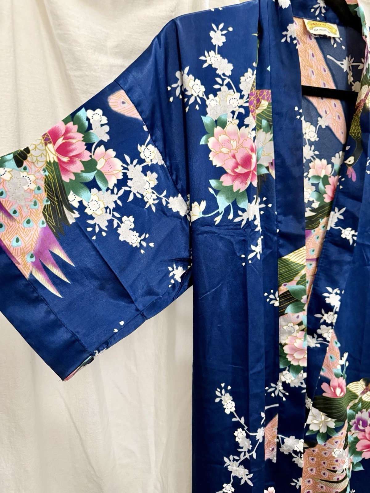 VTG 90s Silk Peacock Kimono Robe Blue Floral Statement Boho Lagenlook Luxe