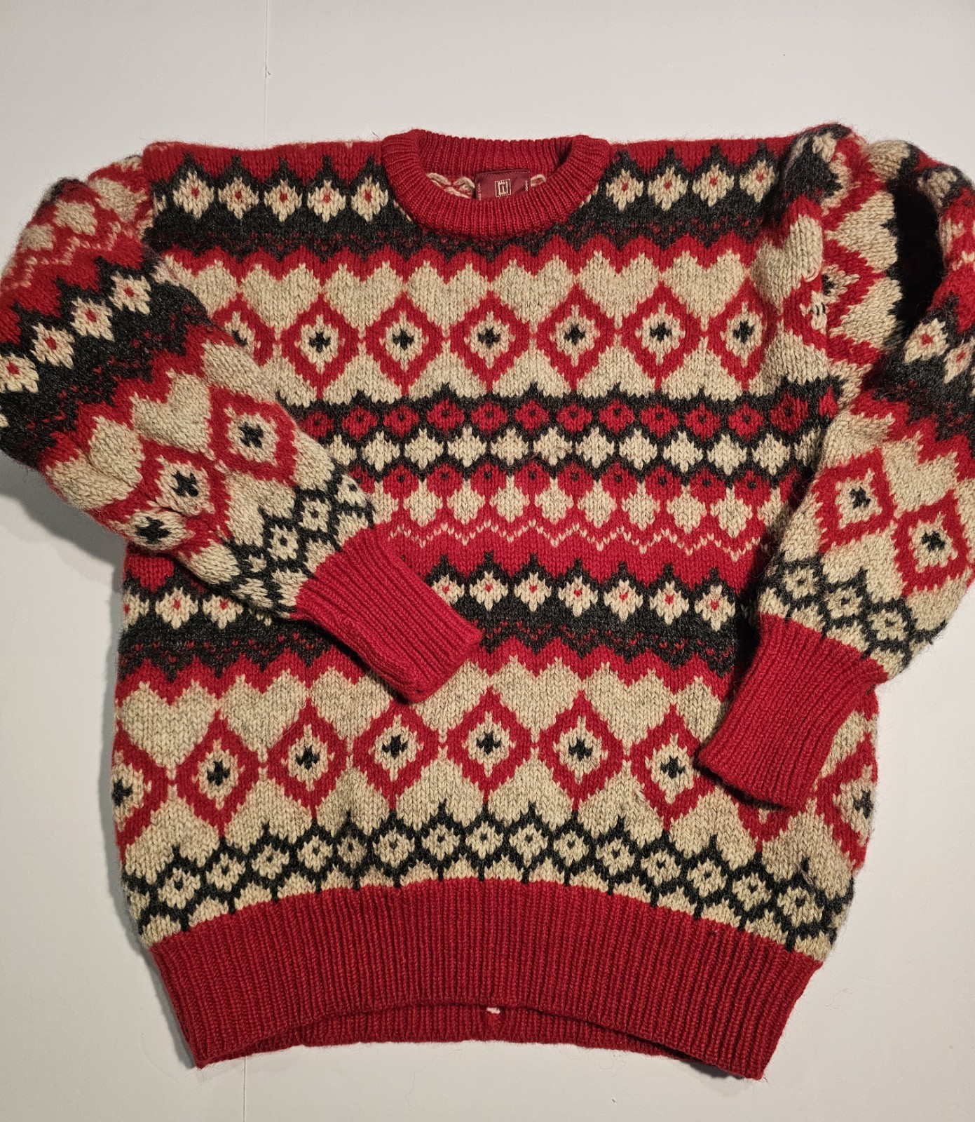 Vtg Nordstrom Sweater Red & Green Knit Shetland Wool Long Sleeve Pullover- XL