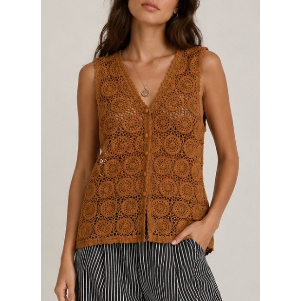 Vtg Claudia D Hand Knit 100% Silk Crochet Vest Brown Large Women 1993 Boho