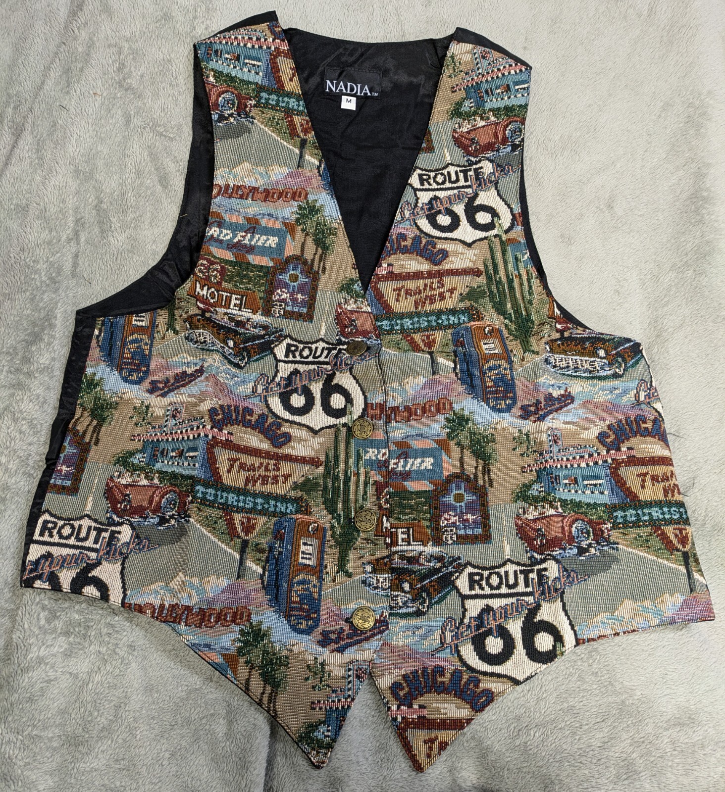 Vintage Nadia Embroidered ROUTE 66 USA Tapestry Women’s MED Grandmacore Vest NEW