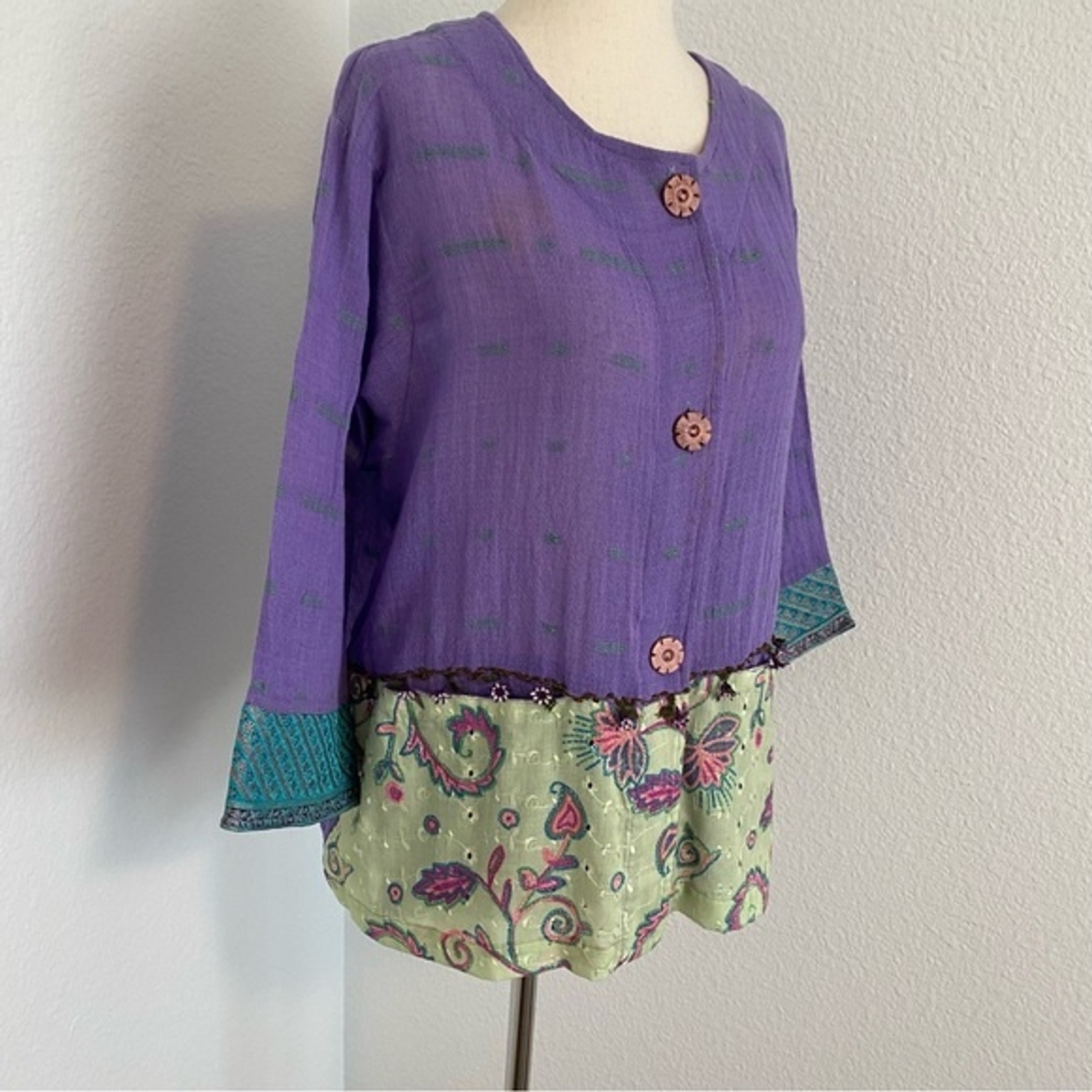 Veranda Wear Handwoven Guatemalen Purple Jkt Top Flower Buttons Cotton SZ L
