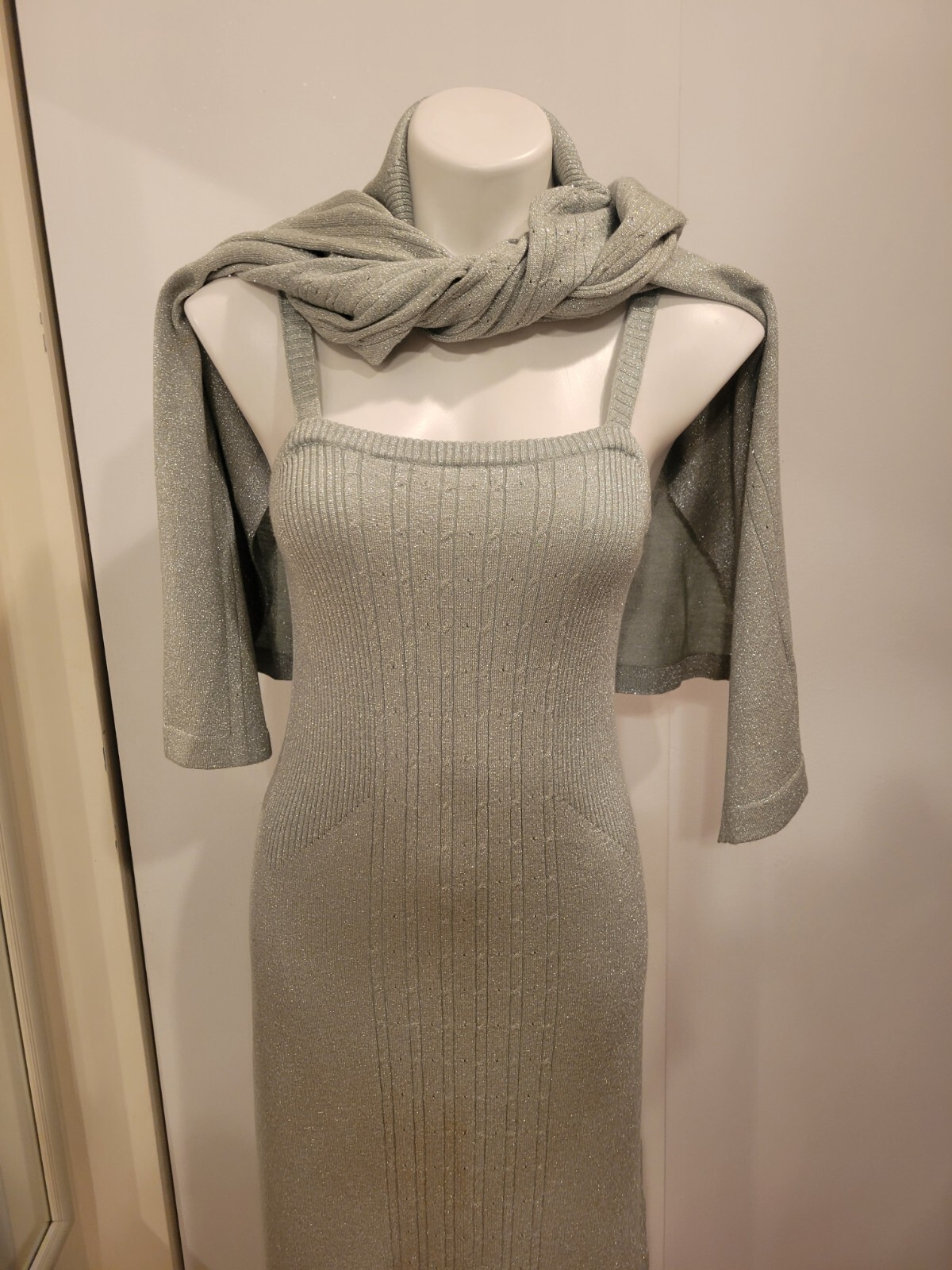 70’s VTG 2pc Wool & Metallic Yarn Knit Maxi Dress & Cover SzMed Unbranded