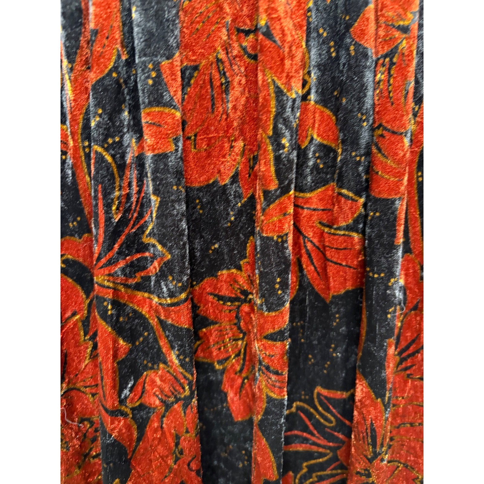 VTG 90s DIANA BENTALLS Ochre Black Floral Velvet Pleated Midi Skirt Sz 46 Grunge