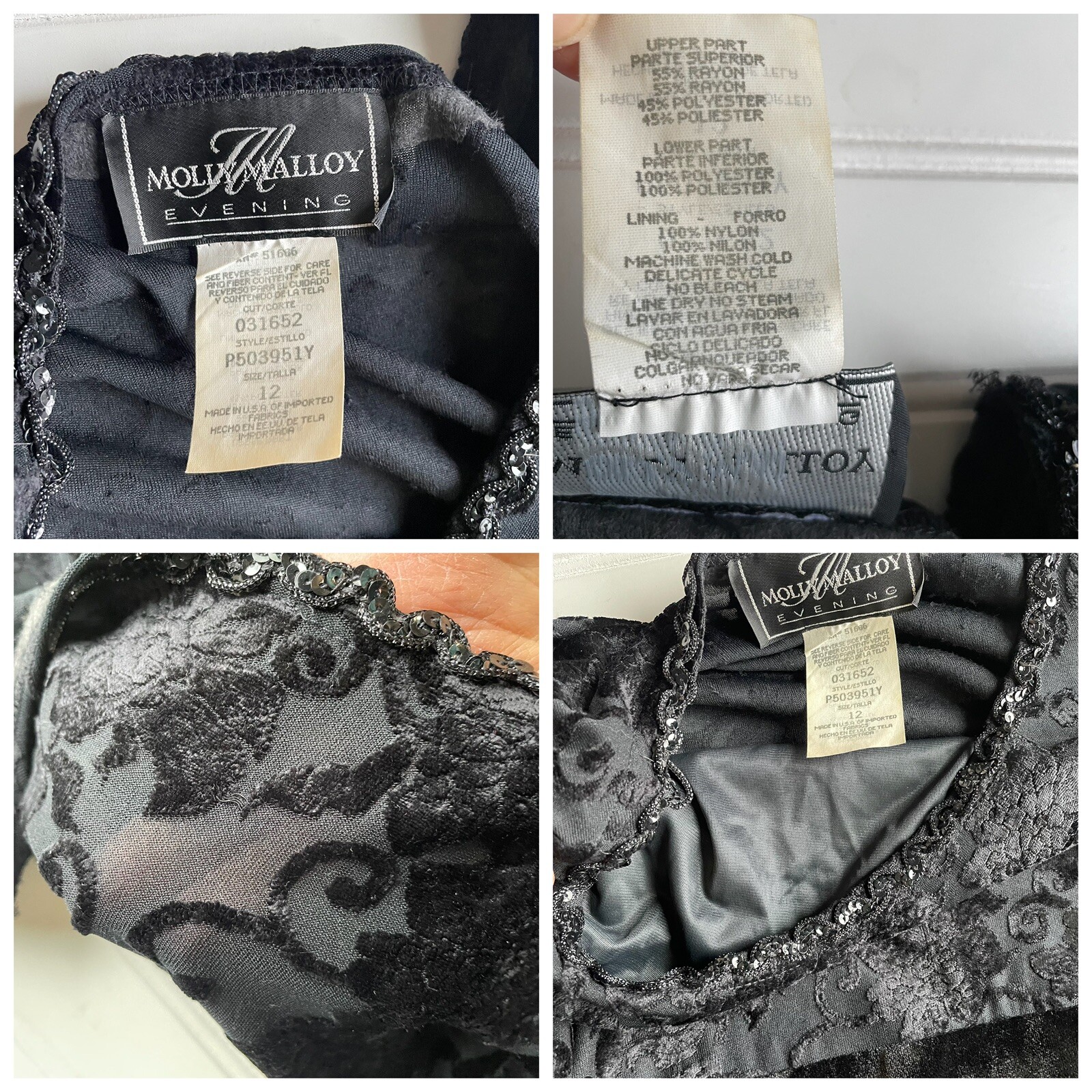 Vintage Molly Malloy Velvet Dress Gown Black Size 12 Burnout Floral beaded USA