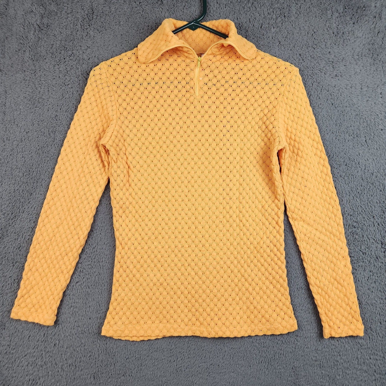 Vintage 70s Yellow Pointelle Knit Quarter Zip Long Sleeve Top Womens Small Retro