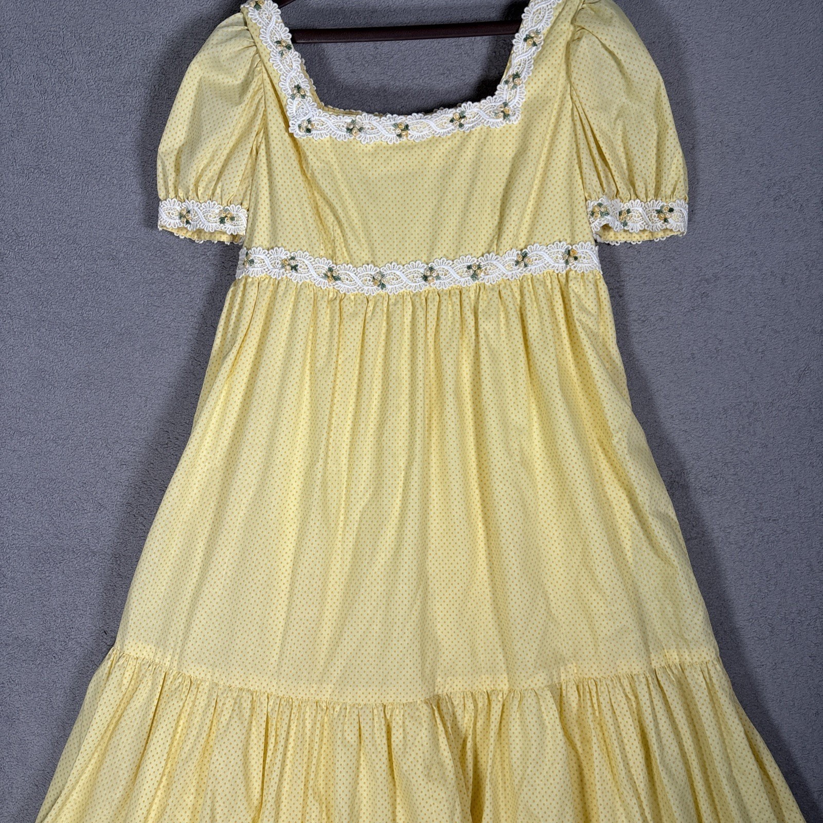 Vintage Yellow Polka Dot Prairie Maxi Dress Lace Trim Cottagecore Puff Sleeve