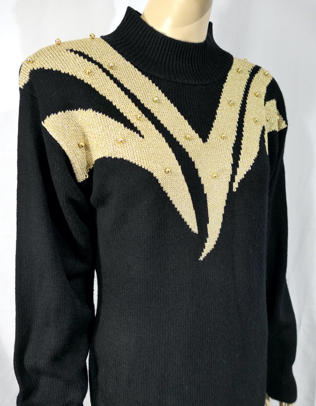 Vintage 90s Betsy Lauren Gold Metallic Beaded Sweater Pencil Dress L