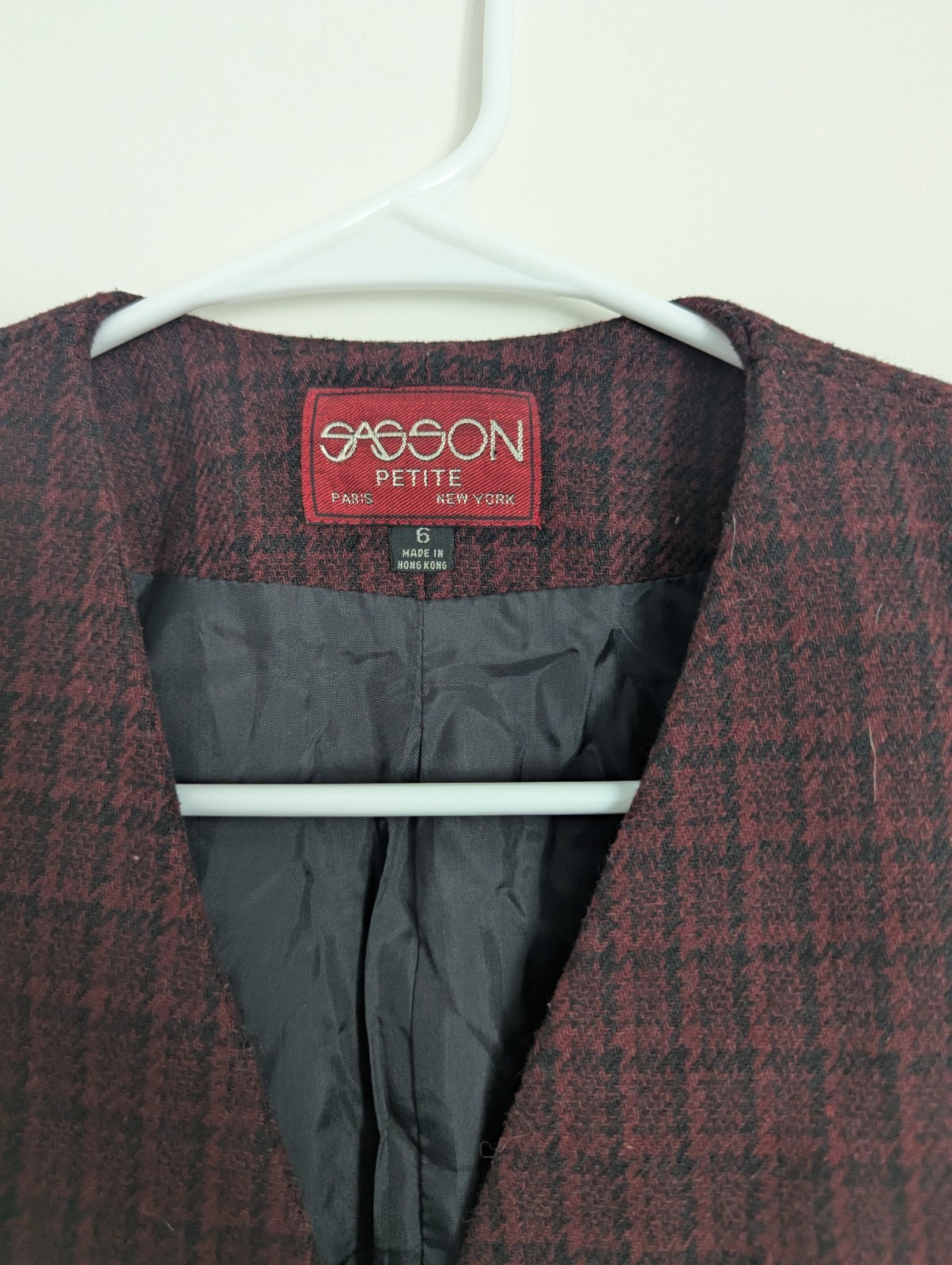 Vtg 80s Burgundy Houndstooth Wool Blazer Petite 6 Power Shoulder Career Jacket