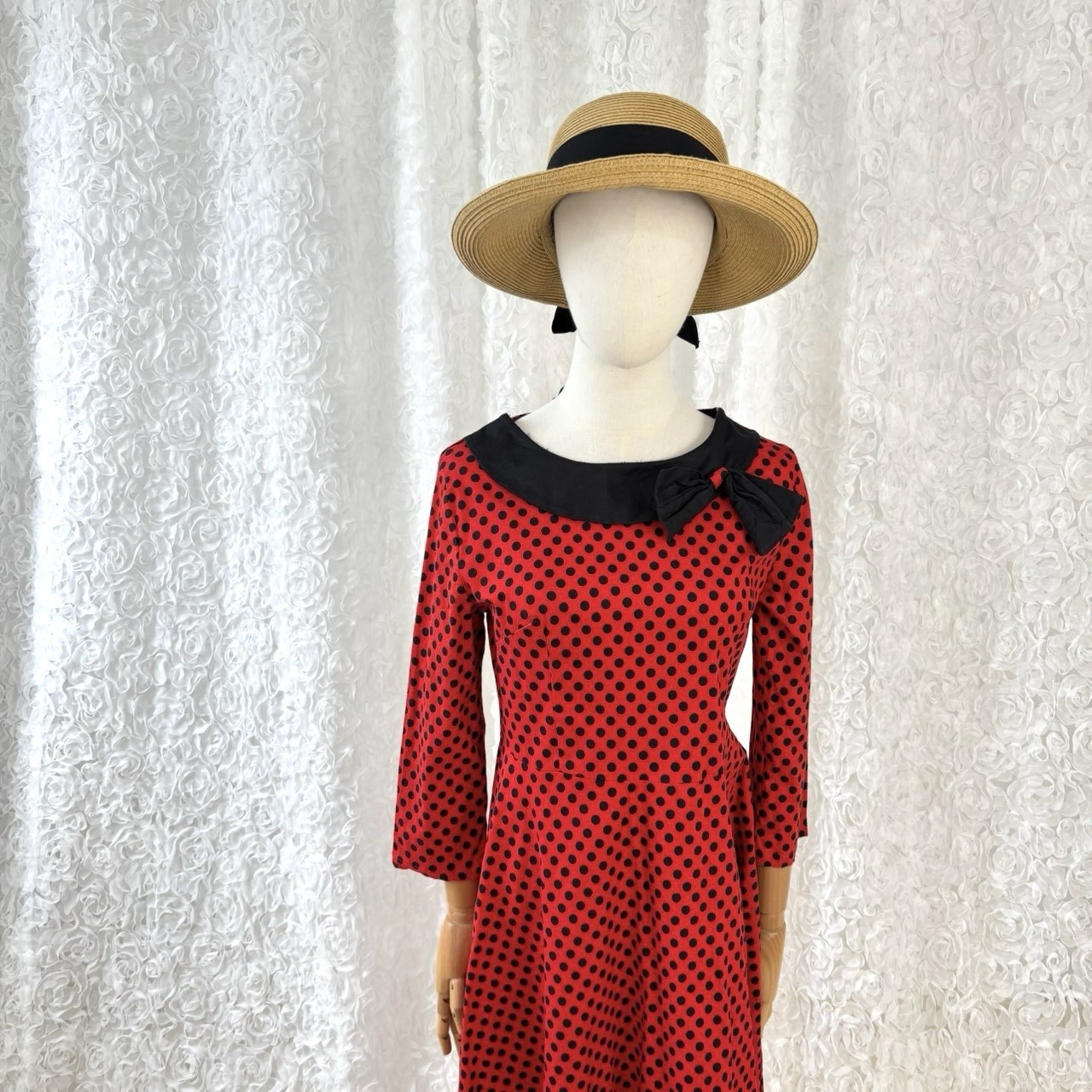 Mixinni Vintage Red Black Polka Dot Midi Dress Bow Collar Rockabilly Retro 50s