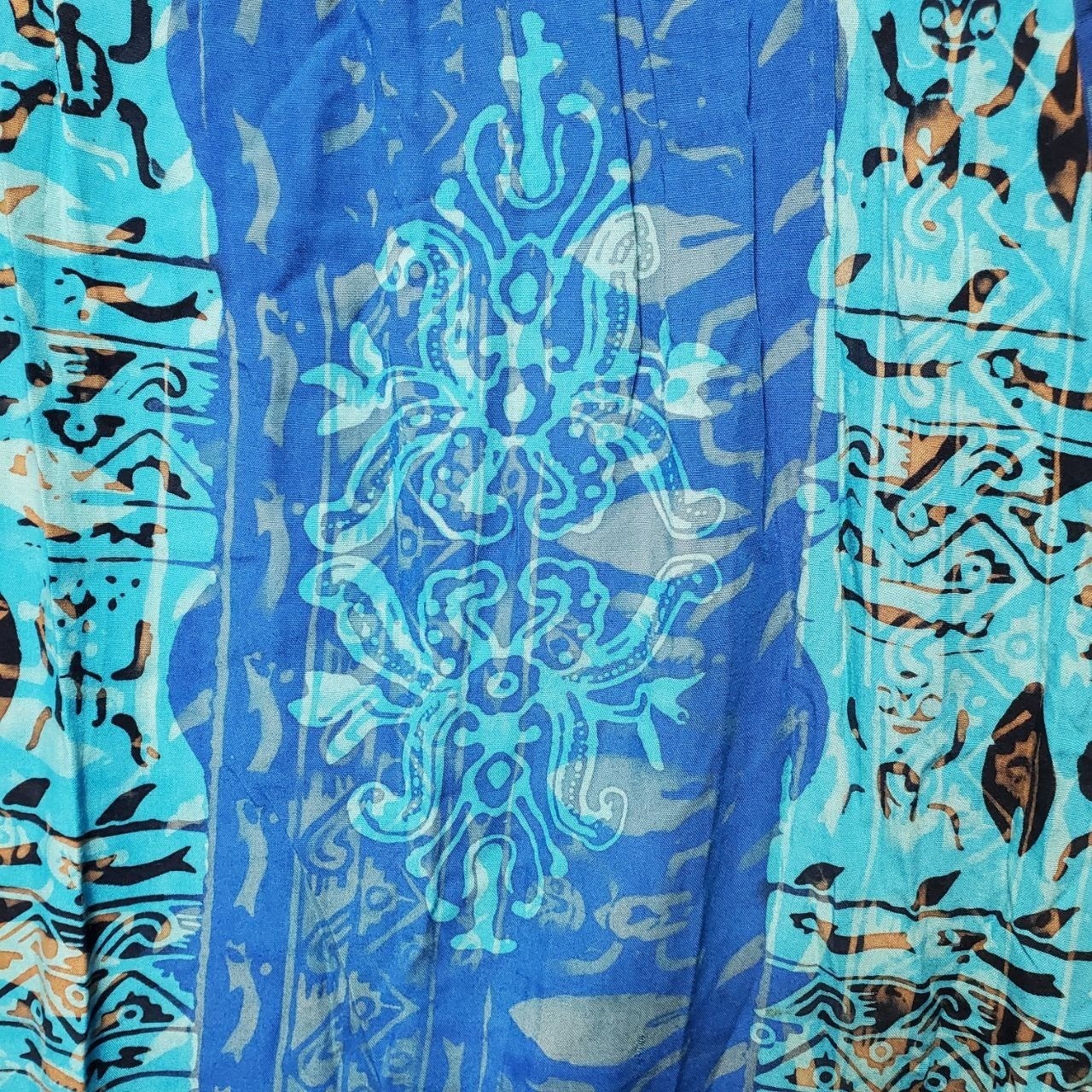 Vintage Hilo Hattie Maxi Wrap Skirt Womens Medium Blue Patchwork Batik Elephant