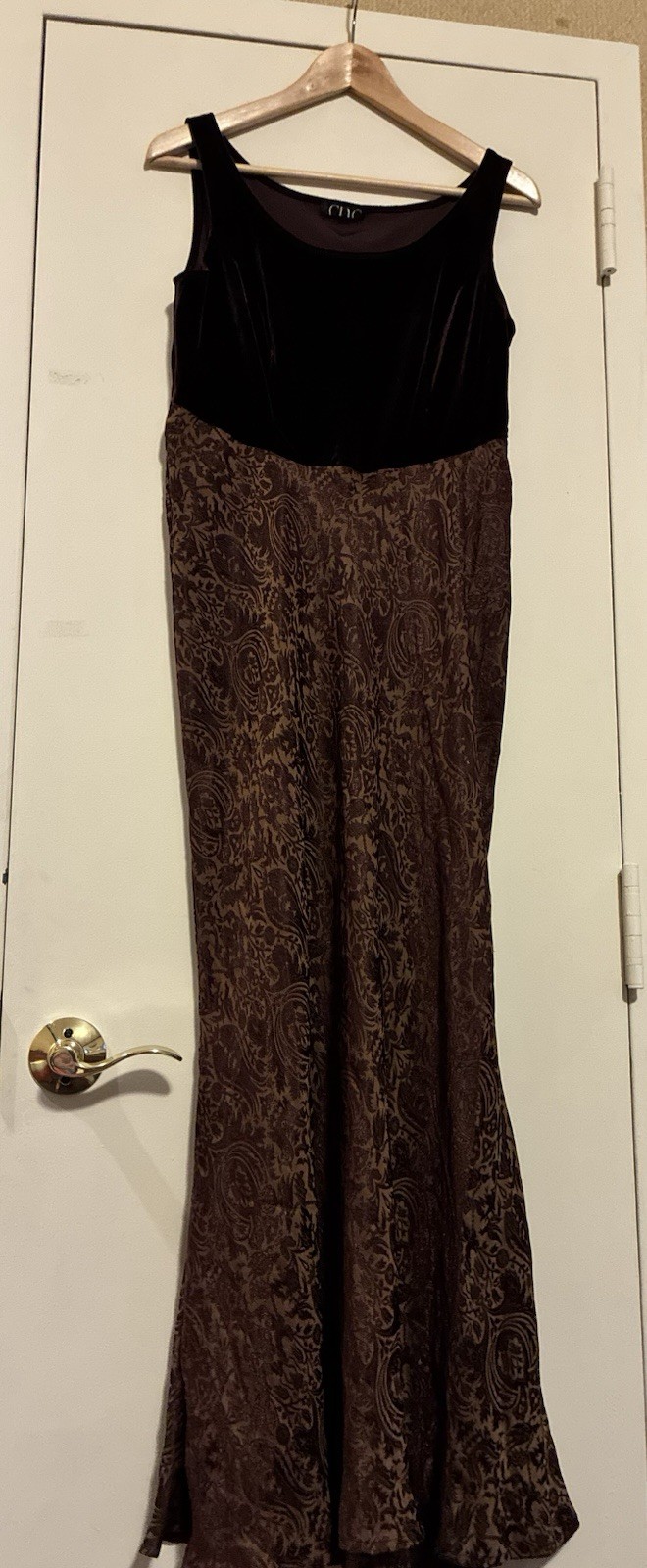 Vintage 90s CDC Evening burgundy velvet brown paisley burnout silk maxi dress