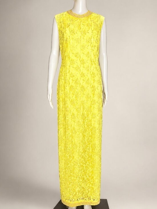 Vintage 1960s Canary Yellow Beaded Lace Column Style Long Evening Gown Size 40 L
