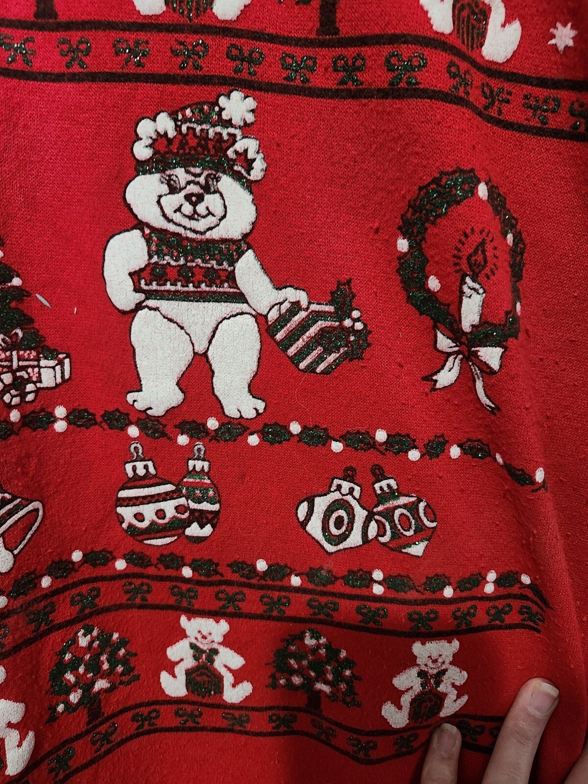 Vintage Sky Lite 80s Red Teddy Bear Christmas Crewneck Sweater Glitter Large USA