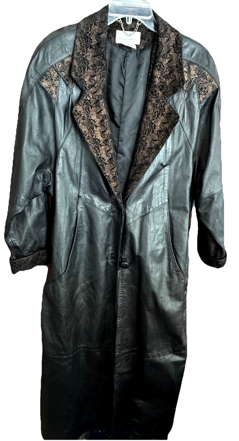 Vtg 1980s Maggie Lawrence Women’s Black w/Lace Look Trim Long Leather Coat -M
