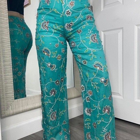 100% silk vintage y2k 90s embroidered beaded sequin pants