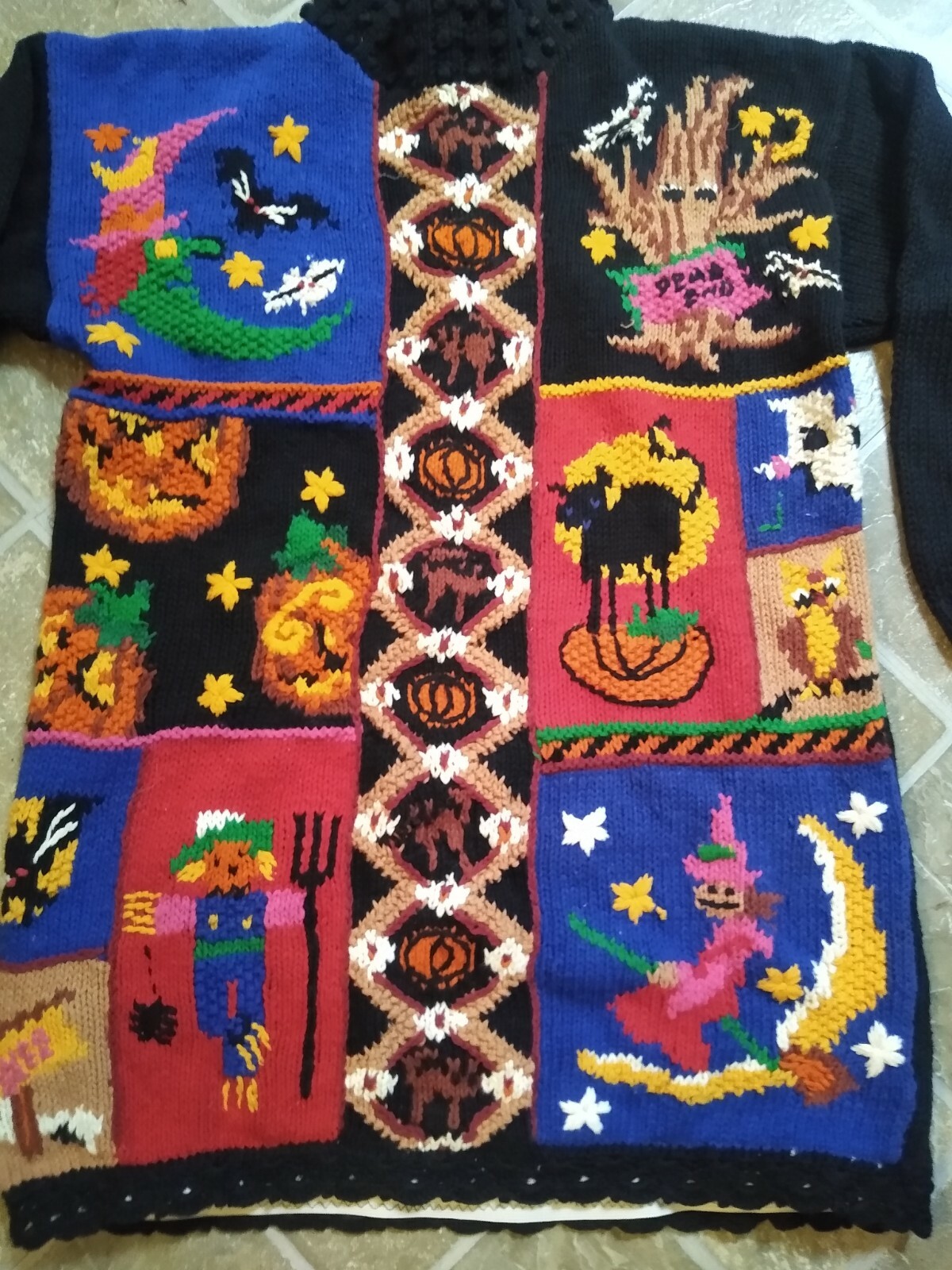 Vintage Beldoch Popper Halloween Fall Harvest Sweater ~ Pumpkin Witch Black Cat