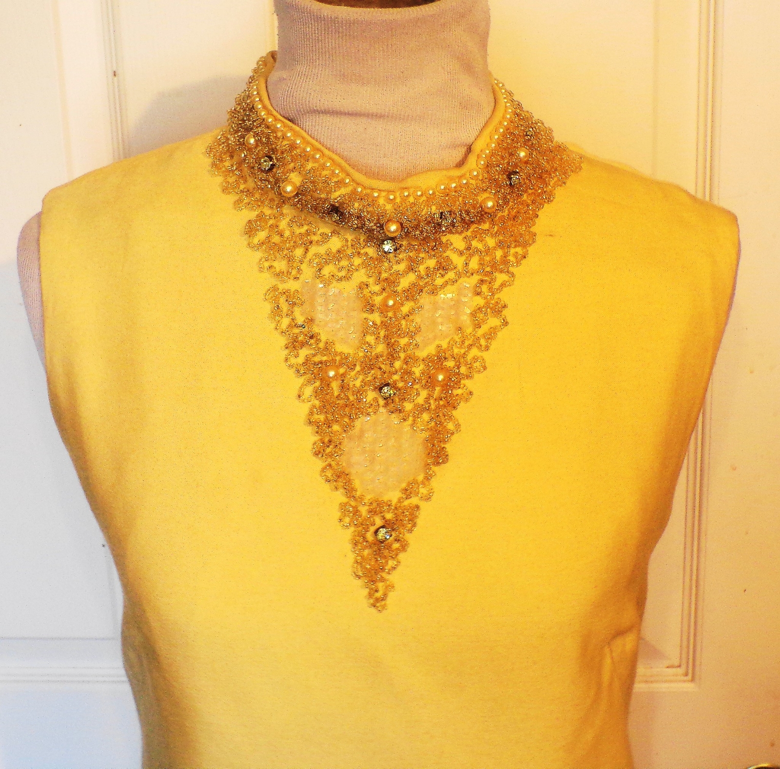 Vintage 60s Yellow Rayon Shantung Cocktail Dress Beaded Neckline B40