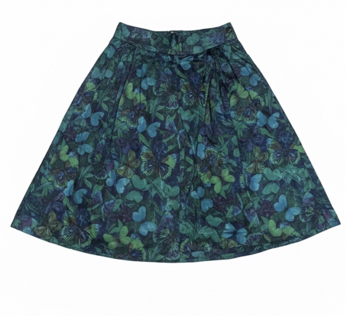 Chindamanee Thai Silk Butterfly Print Midi Skirt Green Blue Vintage Size S