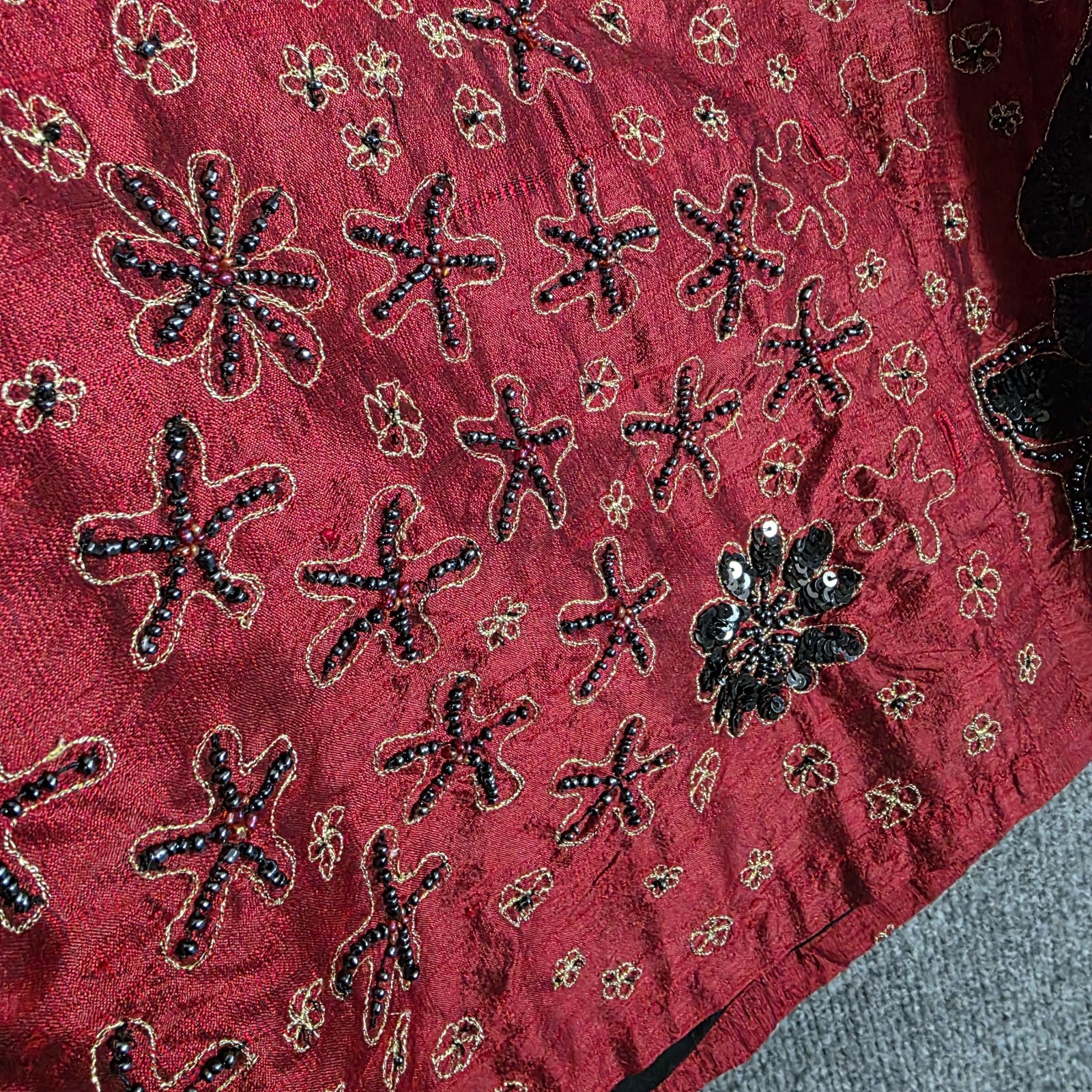 Chicos Dupioni Silk Beaded Shirt Womens XL Red Asian Art To Wear Sequin Vintage