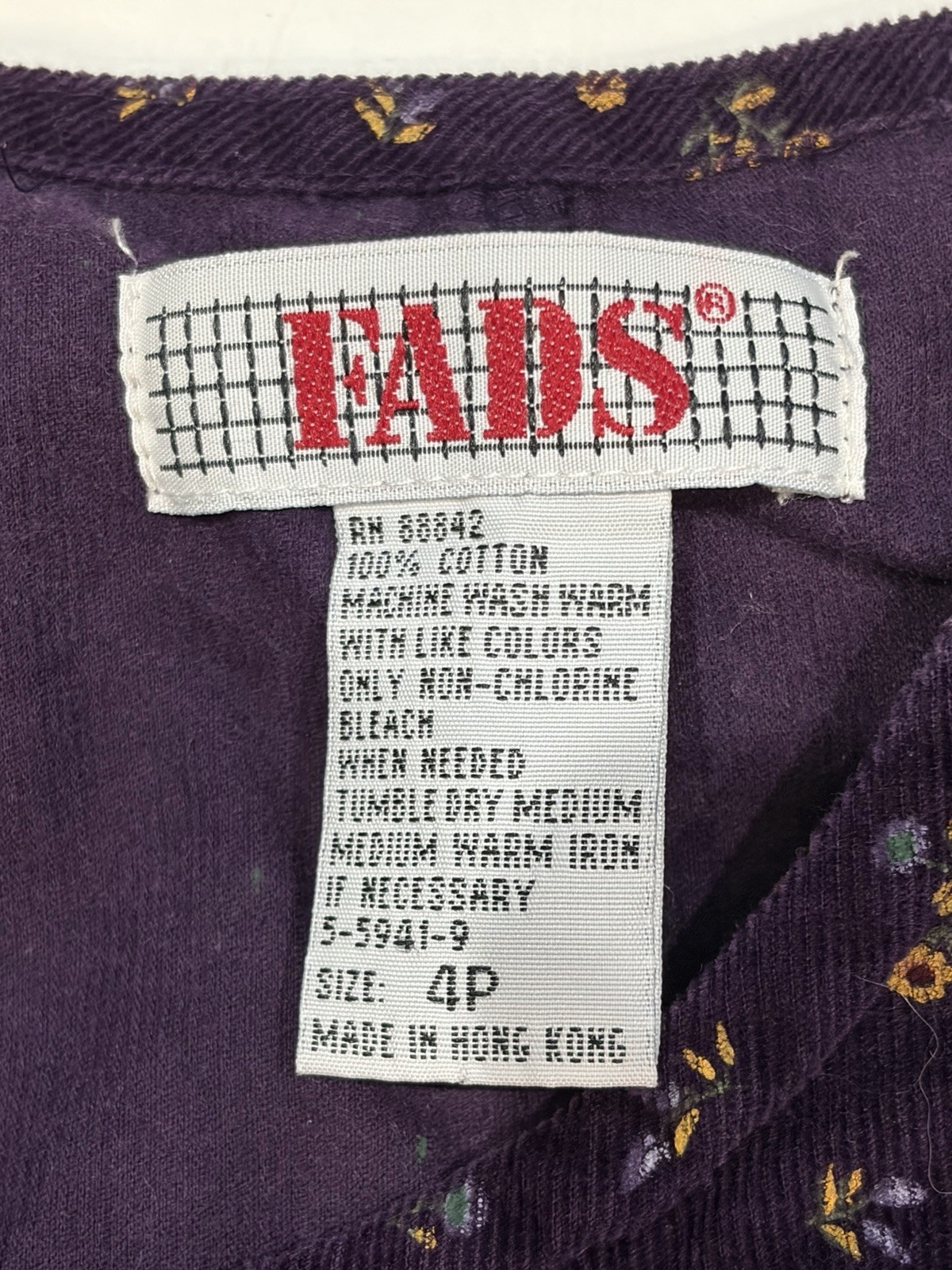 Vintage FADS Purple Floral Sleeveless Corduroy Romper Dress Pockets Women SZ 4P