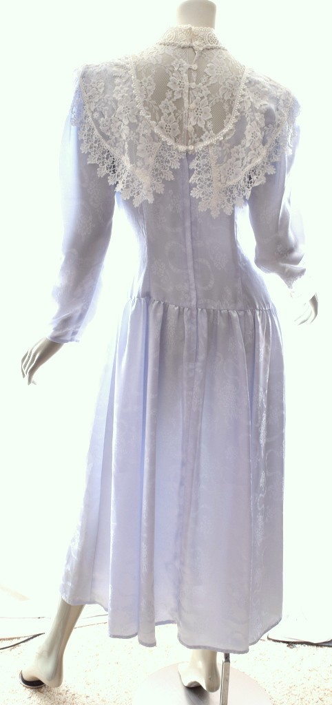 Vintage Jessica McClintock Midi dropped waist Pale Blue dress high Lace Neck 8