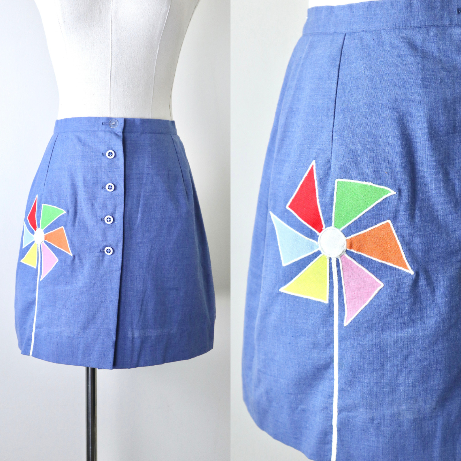 Vintage 1960s Leon Levin Size XS Skort Pinwheel Appliqué Button Front Skirt Blue